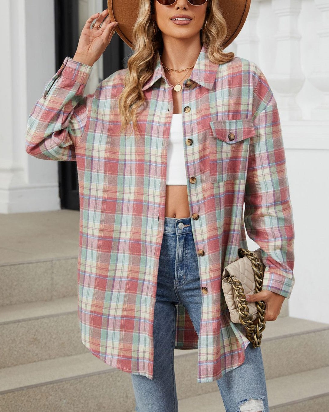 Vintage Check Longline Button Down Shirt - Red