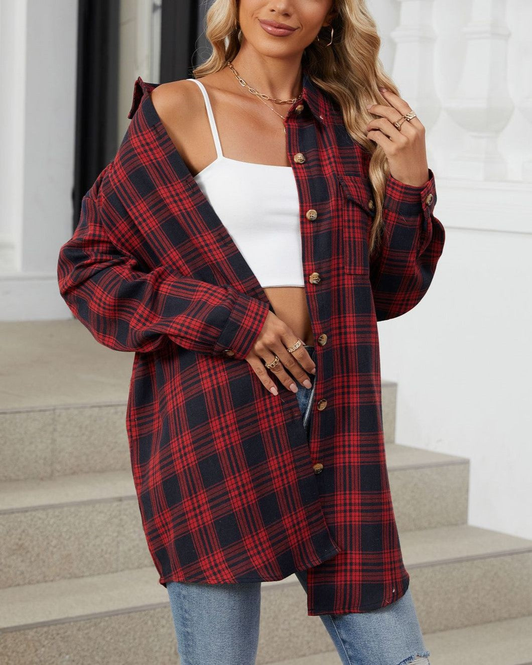 Vintage Check Longline Button Down Shirt - WineRed - 1