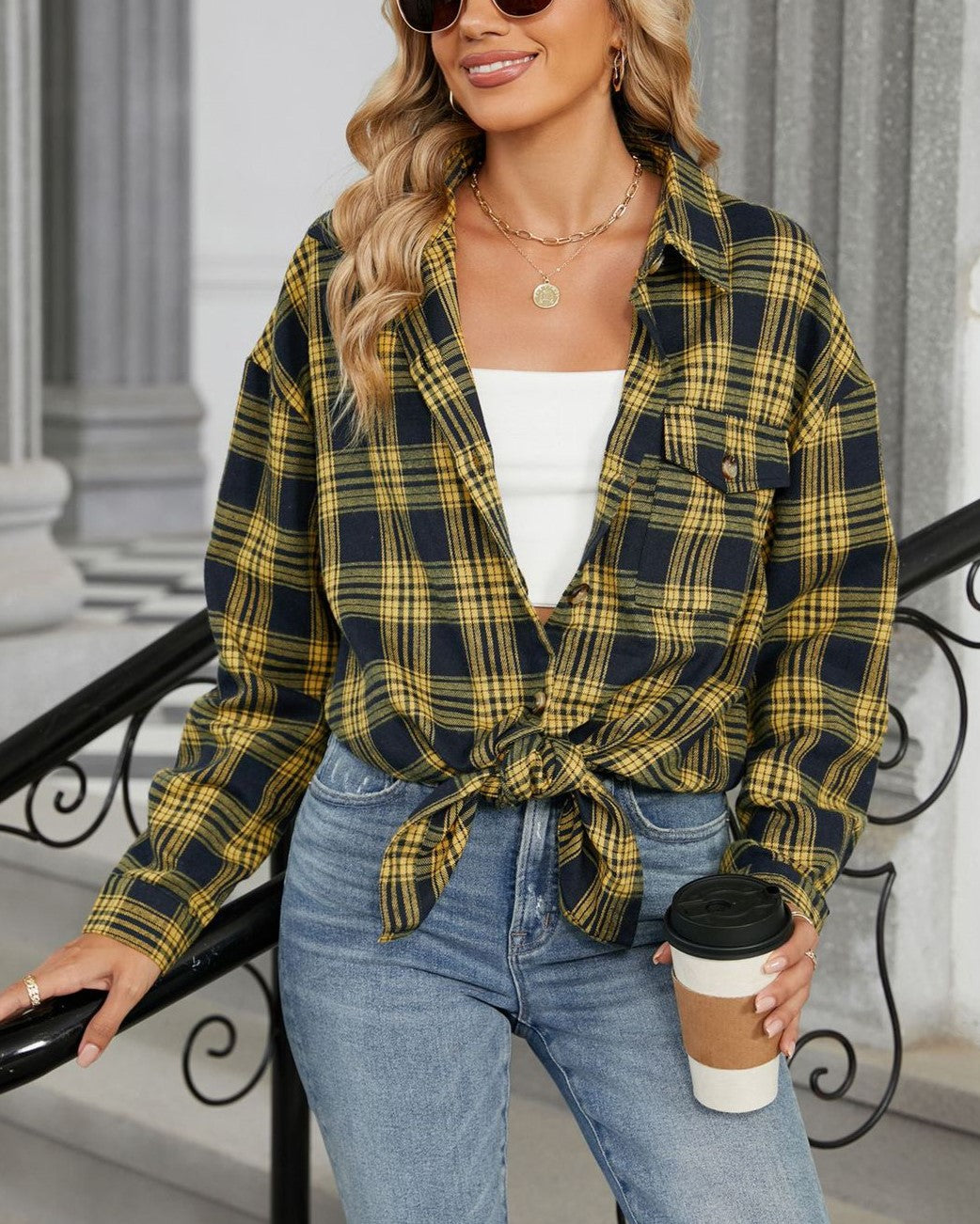 Vintage Check Longline Button Down Shirt - Yellow