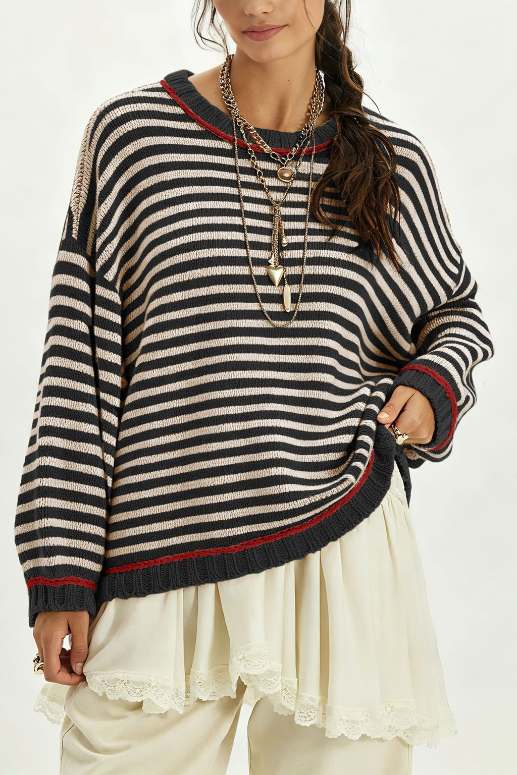 Striped Crewneck Sweater With Contrast Ribbed Trim - Black