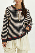 Striped Crewneck Sweater With Contrast Ribbed Trim - Black