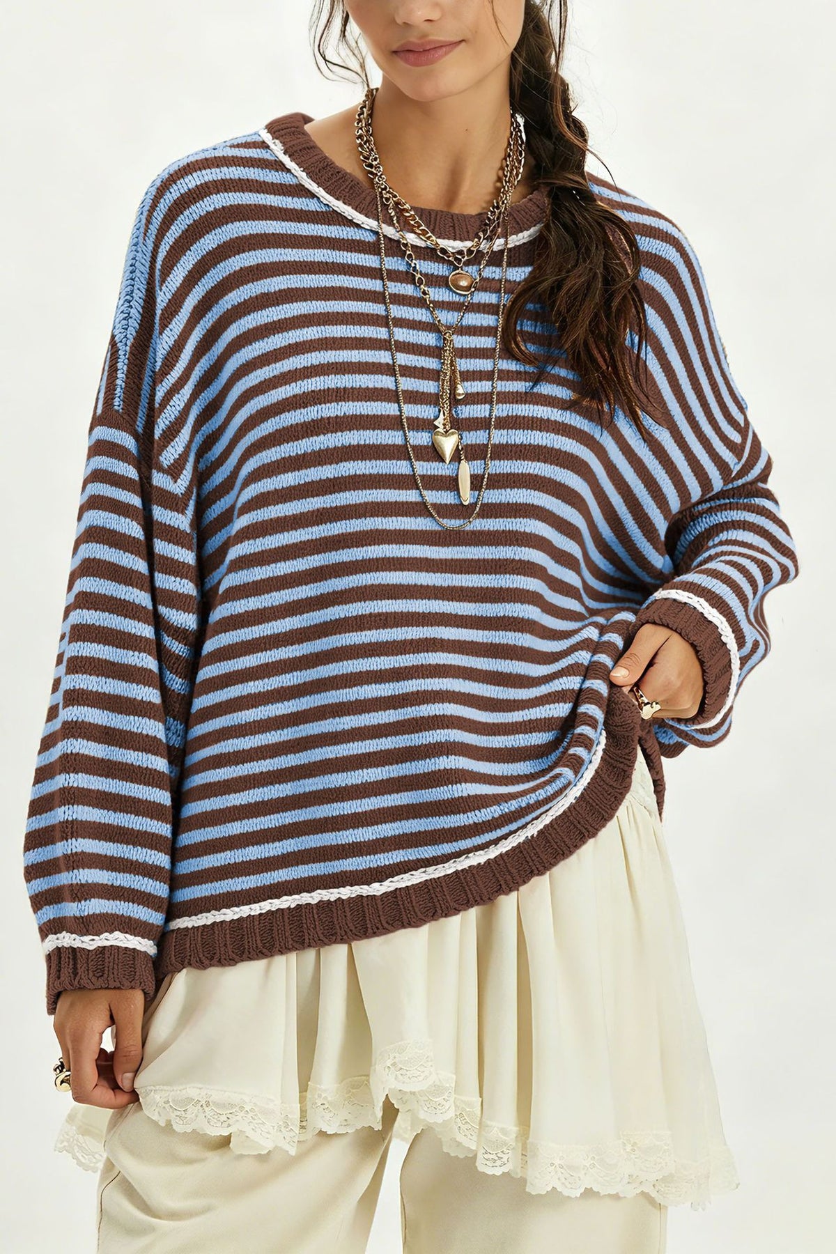 Striped Crewneck Sweater With Contrast Ribbed Trim - Coffee
