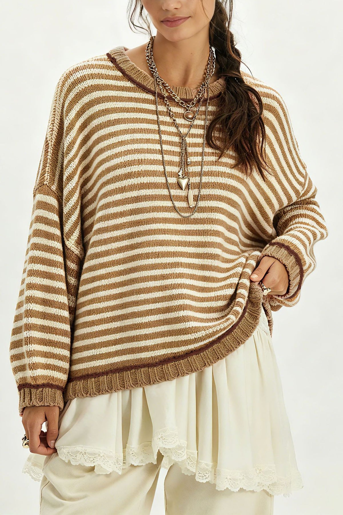 Striped Crewneck Sweater With Contrast Ribbed Trim - Khaki