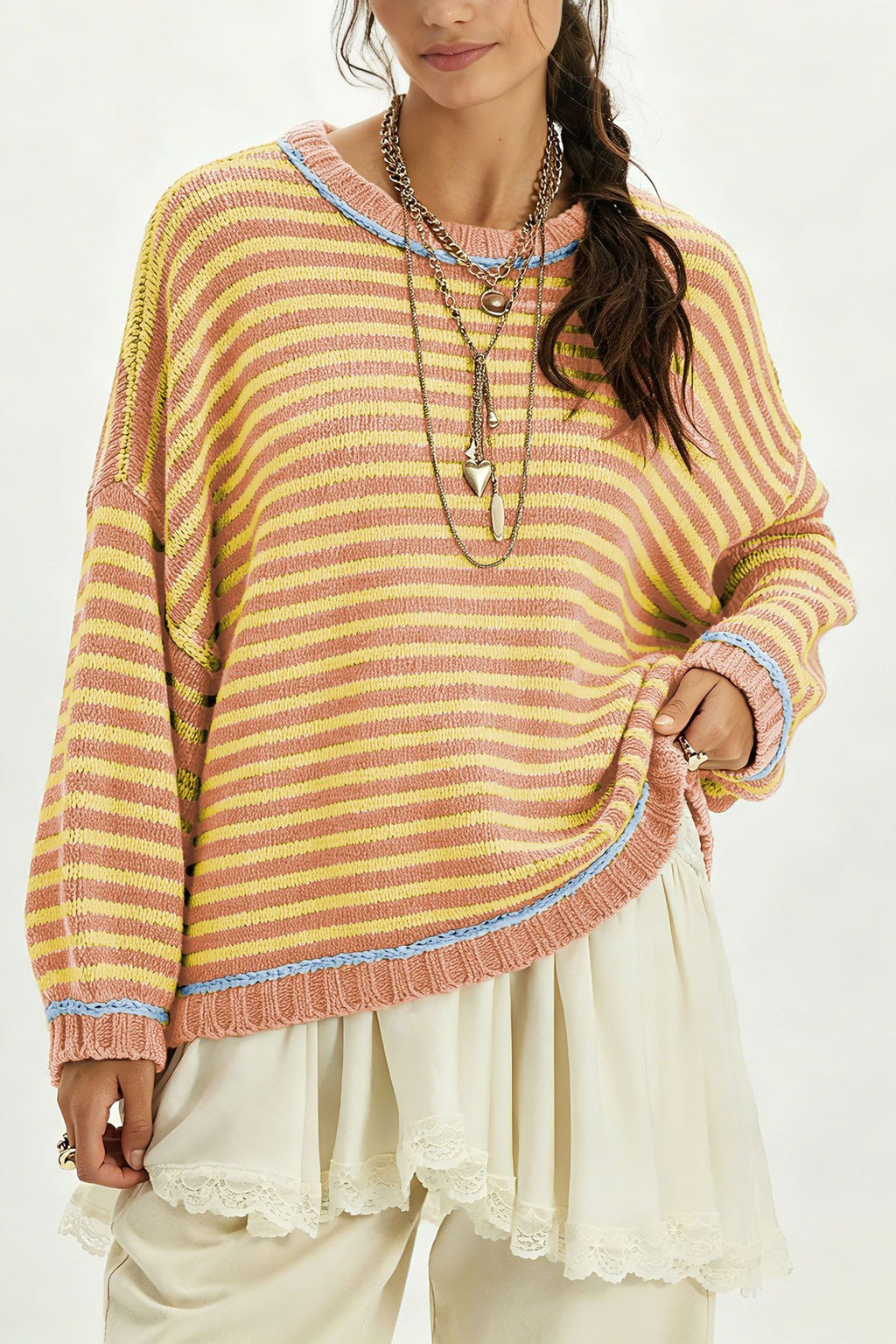 Striped Crewneck Sweater With Contrast Ribbed Trim - Orange