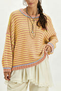 Striped Crewneck Sweater With Contrast Ribbed Trim - Orange