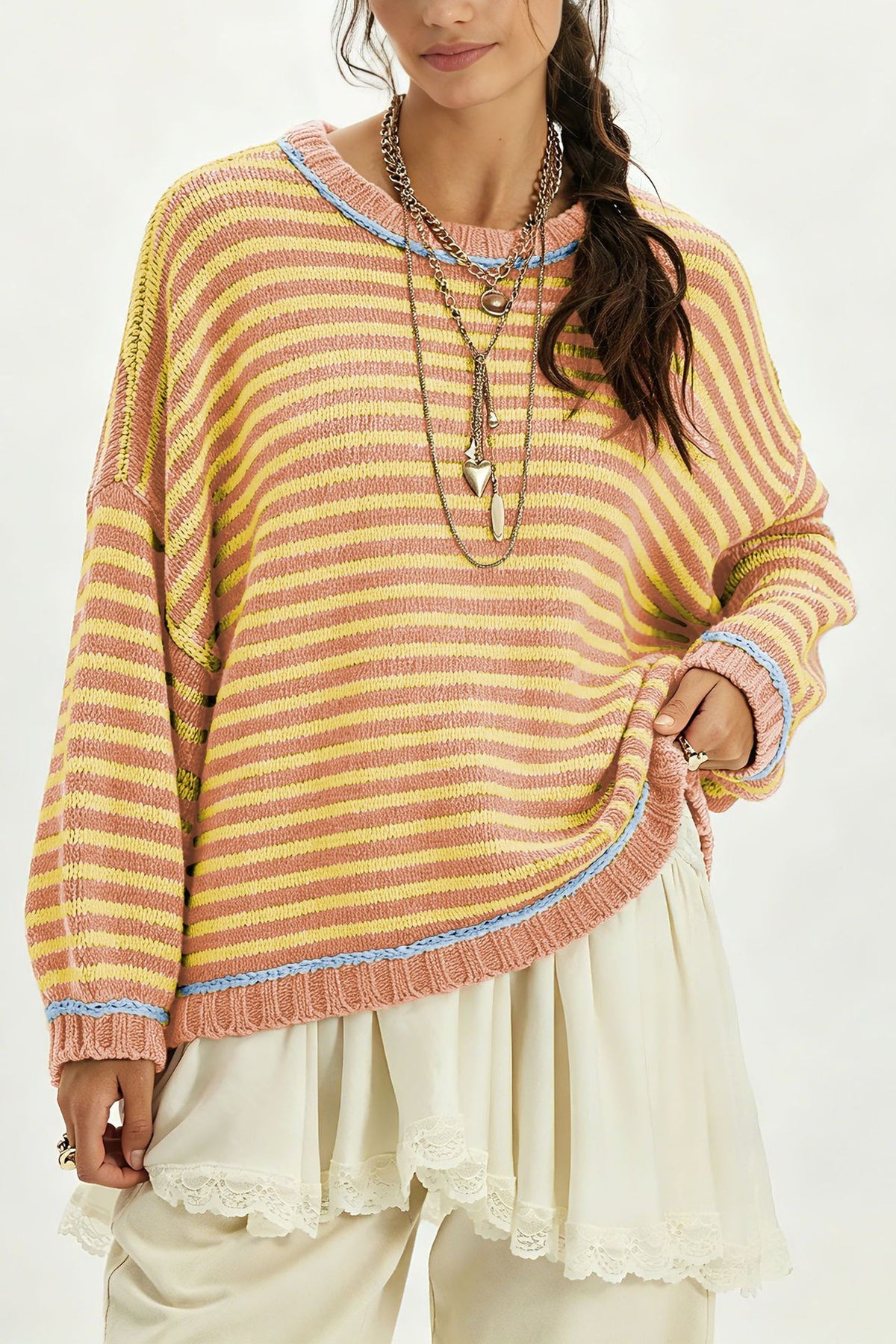 Striped Crewneck Sweater With Contrast Ribbed Trim - Orange