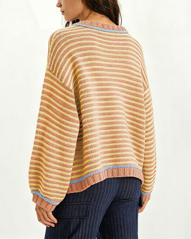 Striped Crewneck Sweater With Contrast Ribbed Trim - Orange - 1