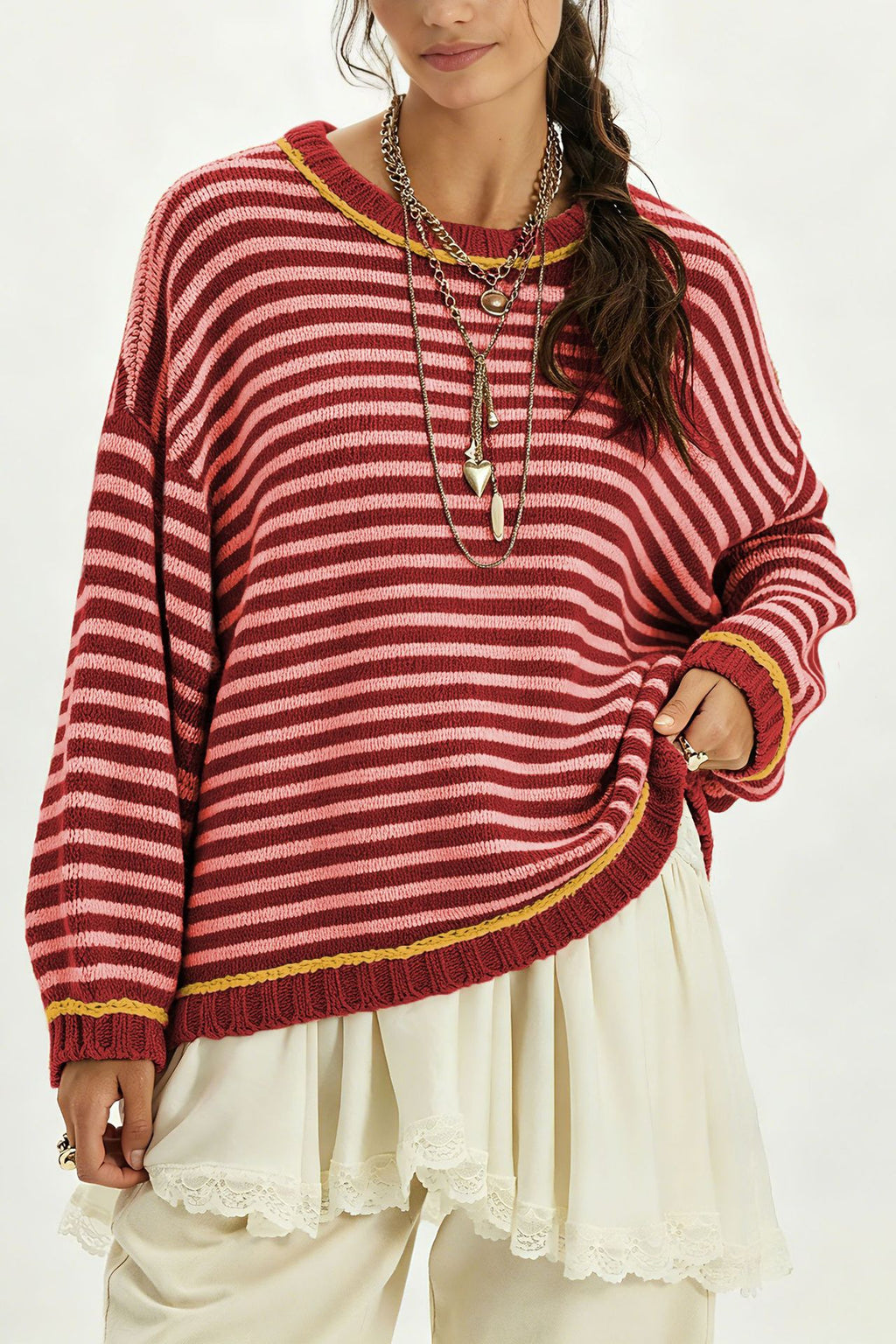 Striped Crewneck Sweater With Contrast Ribbed Trim - Red - 1