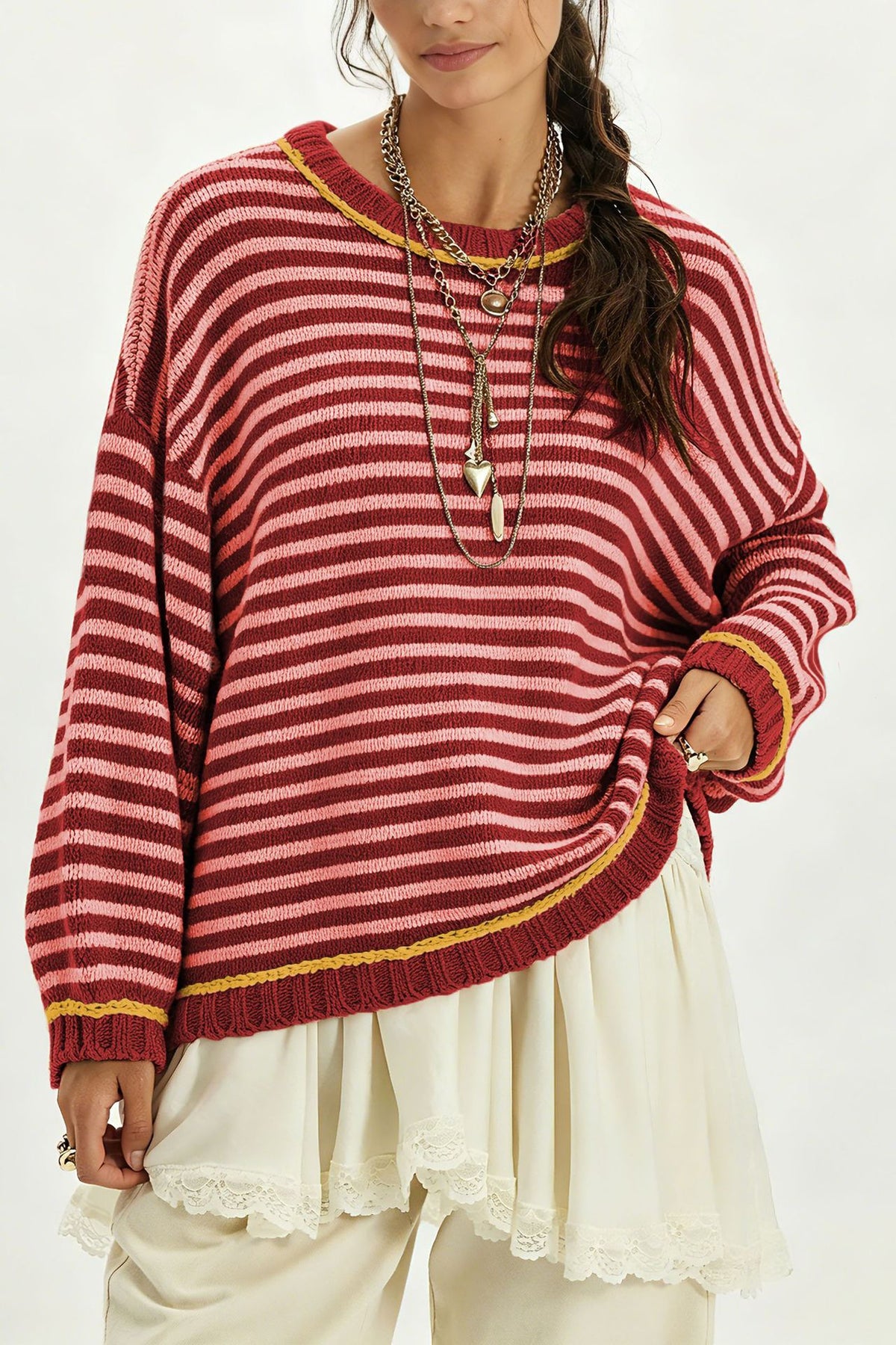 Striped Crewneck Sweater With Contrast Ribbed Trim - Red - 1