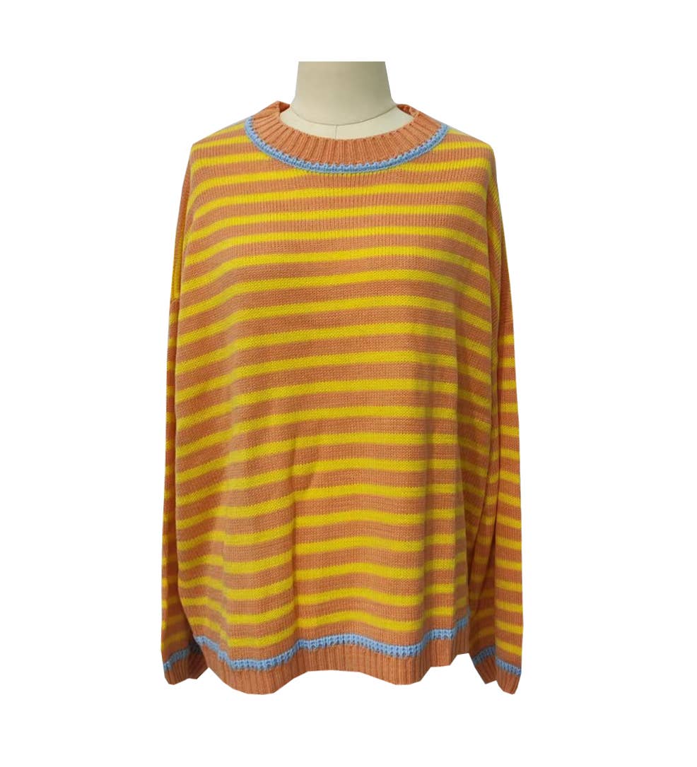 Striped Crewneck Sweater With Contrast Ribbed Trim