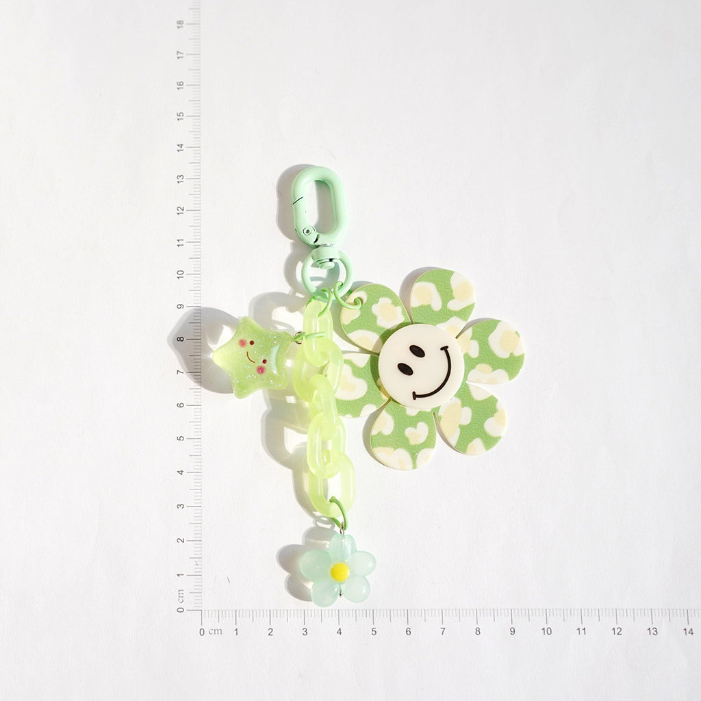 Dotted Smiley Flower Charm Chain Keychain - Green