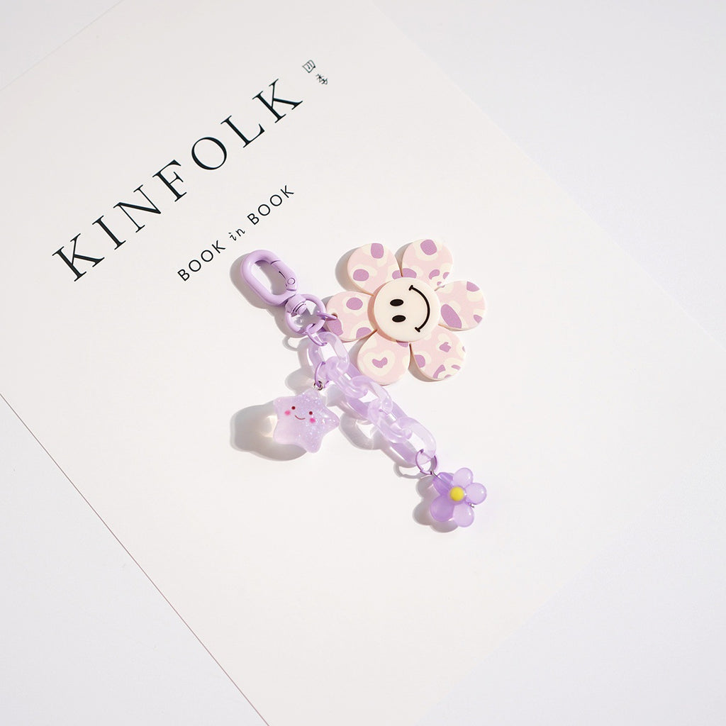 Dotted Smiley Flower Charm Chain Keychain - Purple