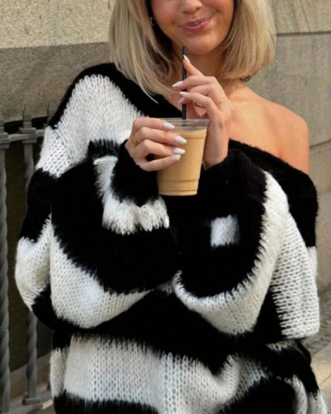 Off Shoulder Chunky Striped Sweater - Stripe - 1