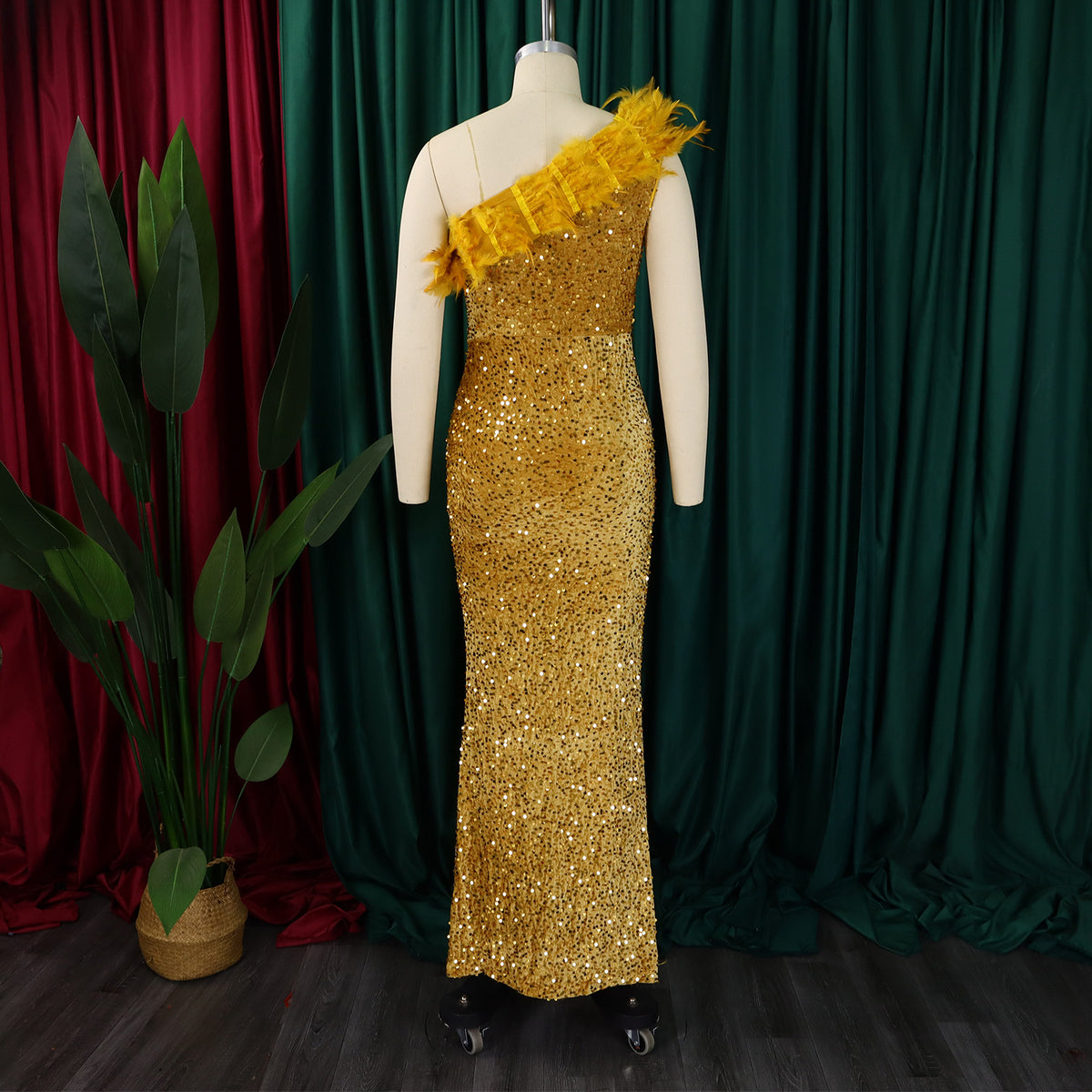 Sequin One Shoulder Feather Trim Gown - Gold - 8