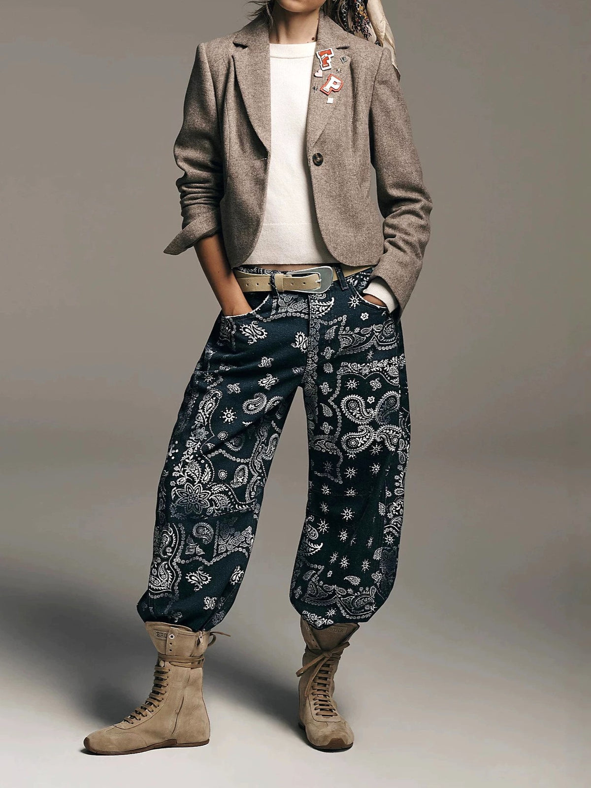 Western Bandana Print Barrel Leg Jeans - Black