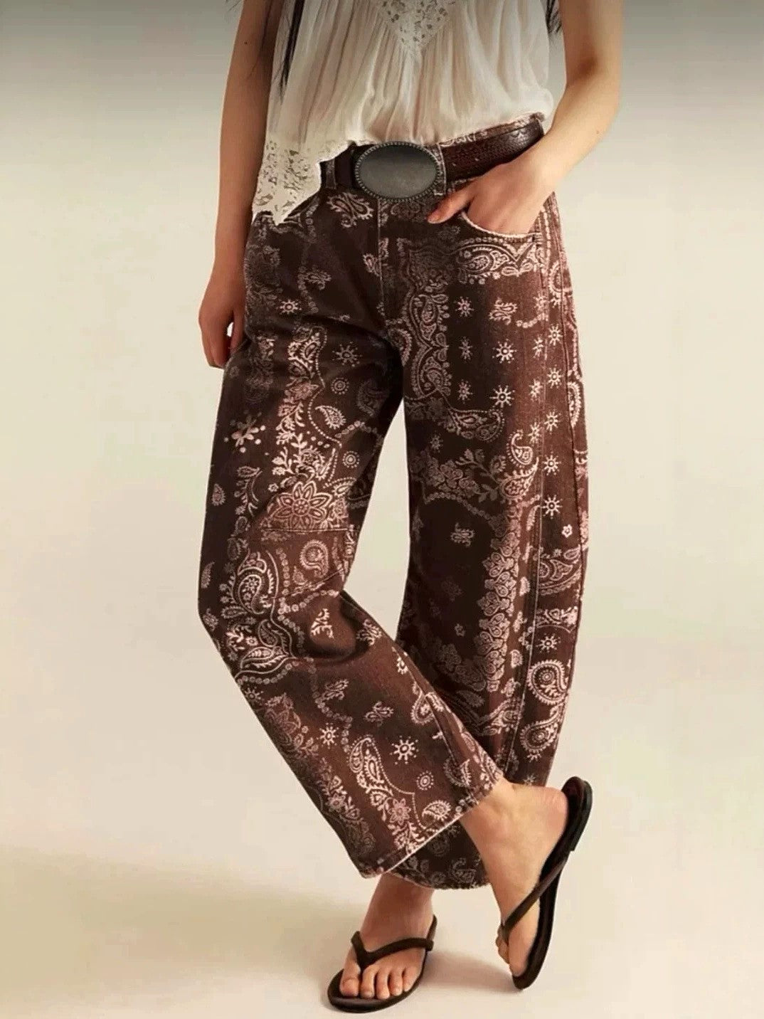 Western Bandana Print Barrel Leg Jeans - Brown