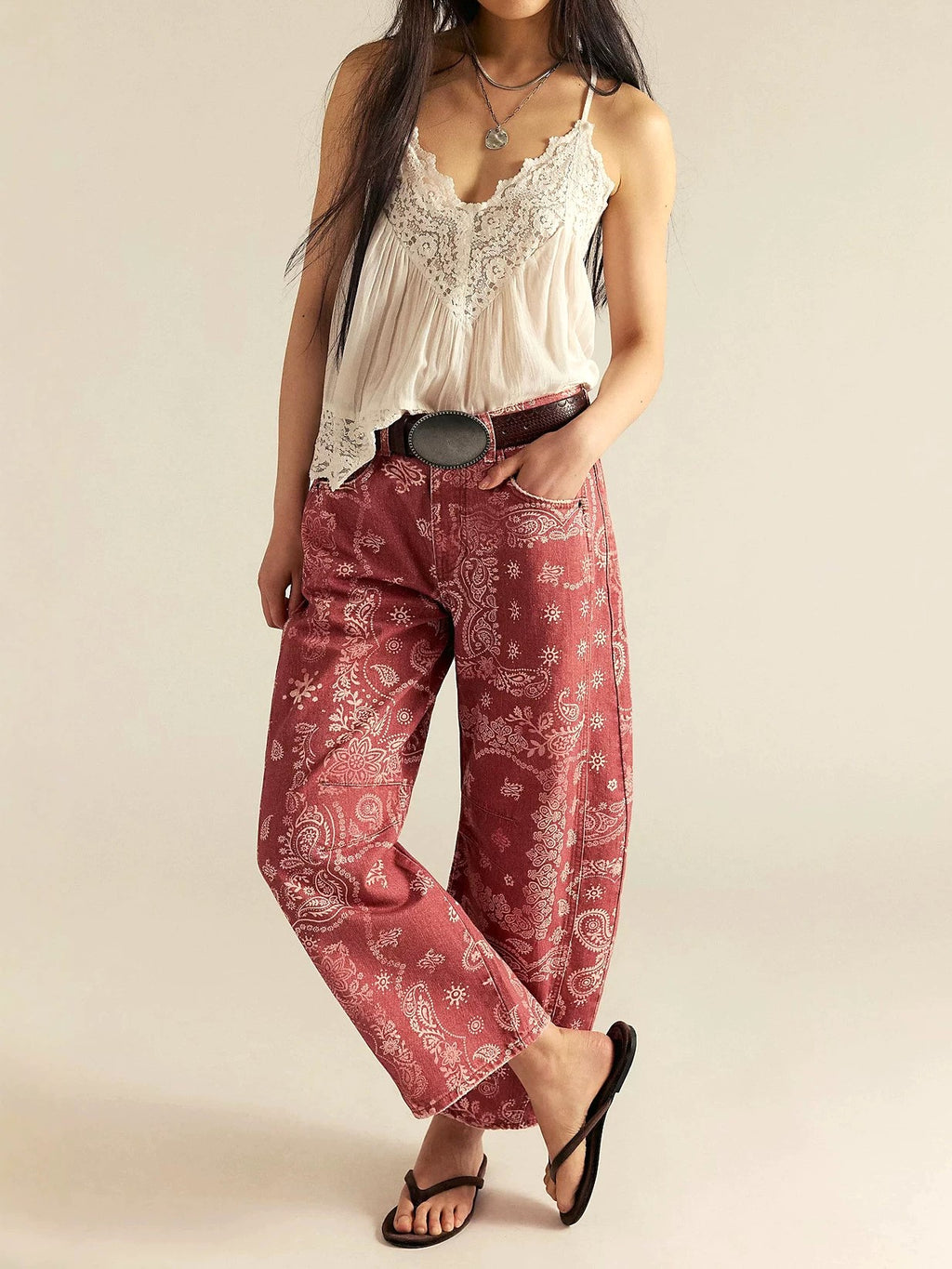 Western Bandana Print Barrel Leg Jeans - Red