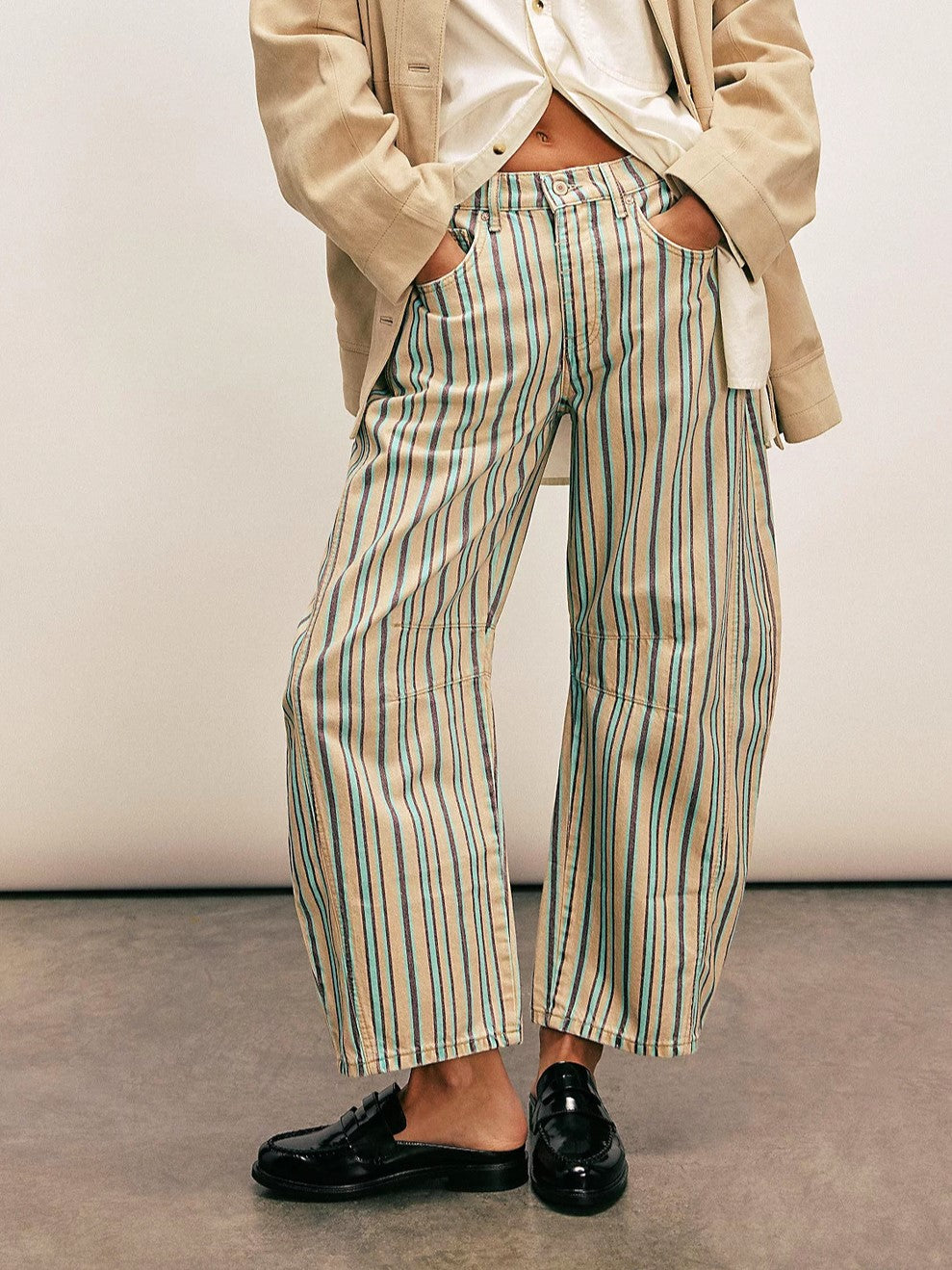 Western Bandana Print Barrel Leg Jeans - Stripes