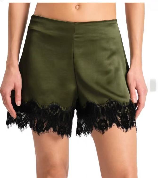 Contrast Lace Hem Silky Tailored Shorts - Green