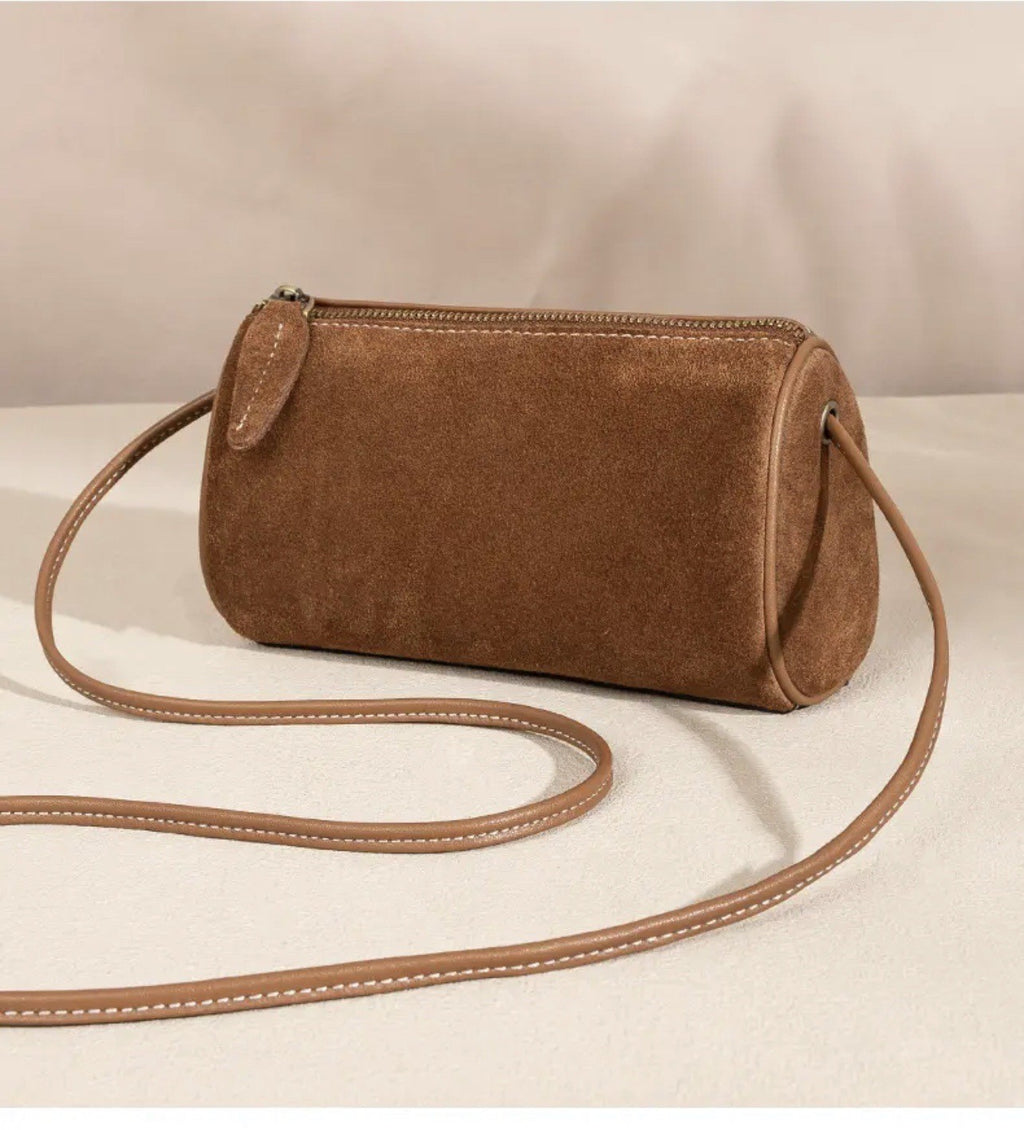 Faux Suede Mini Barrel Crossbody Bag - Caramel
