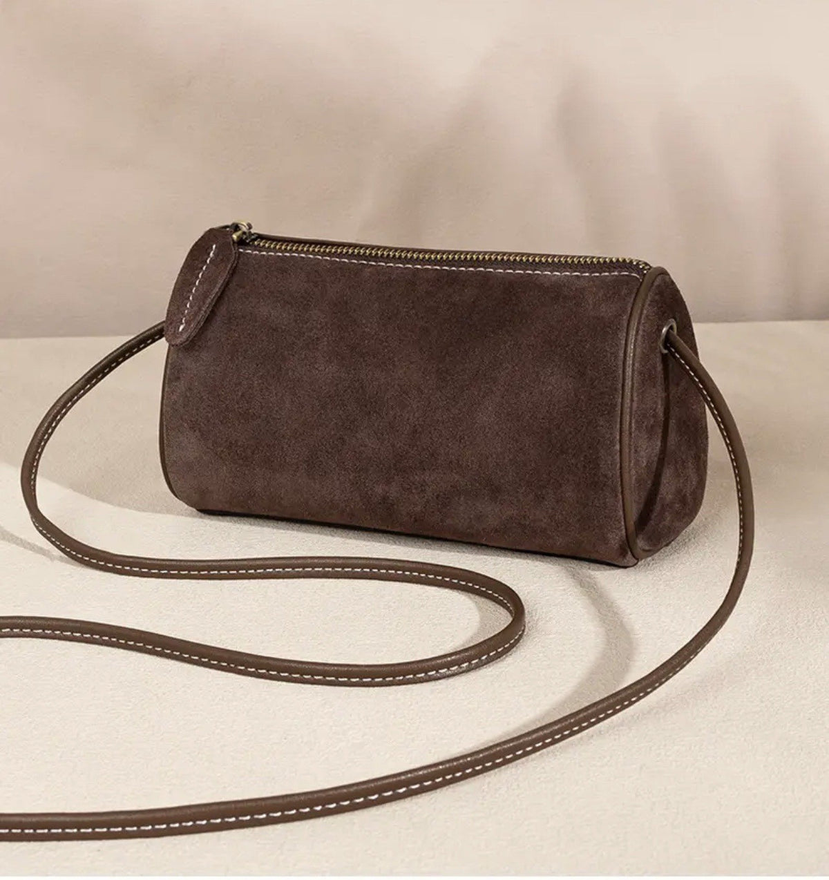Faux Suede Mini Barrel Crossbody Bag - Coffee