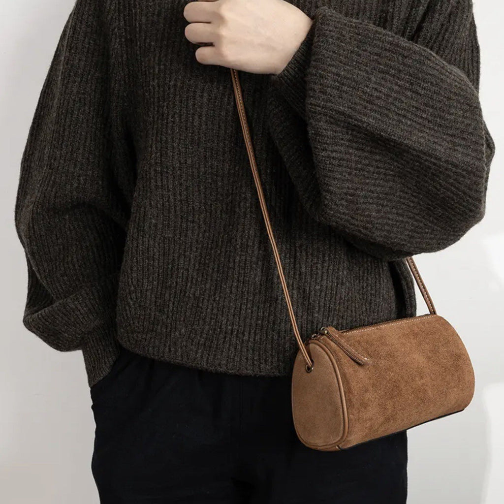 Faux Suede Mini Barrel Crossbody Bag
