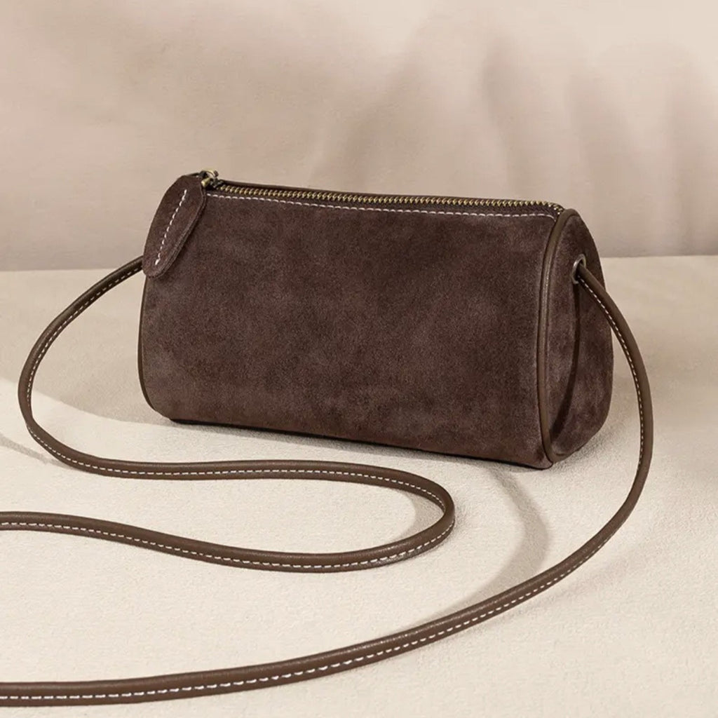 Faux Suede Mini Barrel Crossbody Bag
