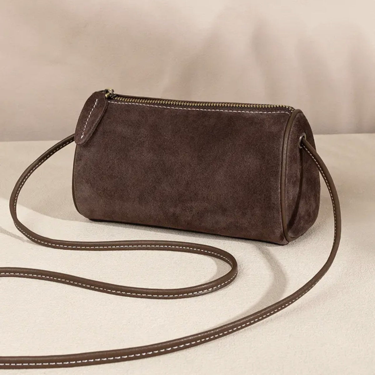 Faux Suede Mini Barrel Crossbody Bag