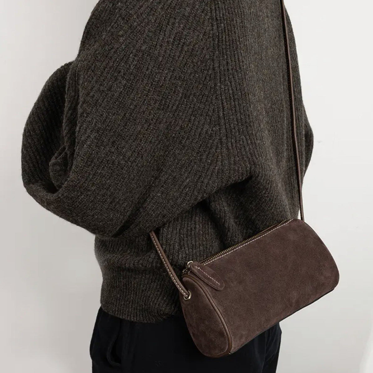 Faux Suede Mini Barrel Crossbody Bag