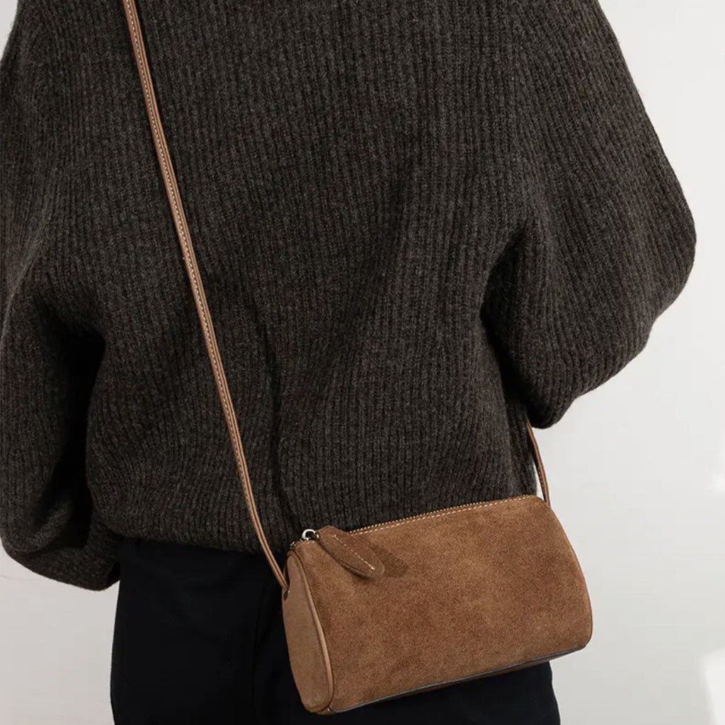 Faux Suede Mini Barrel Crossbody Bag
