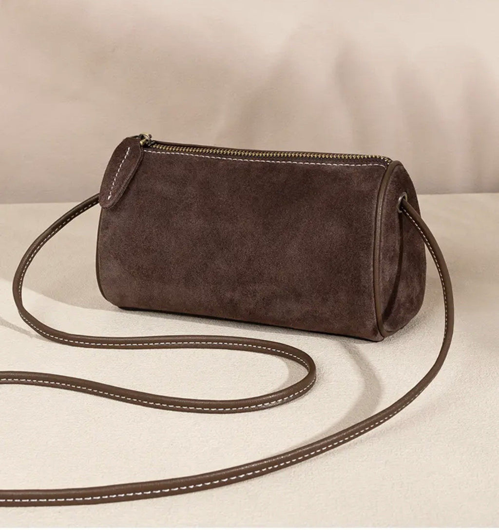 Faux Suede Mini Barrel Crossbody Bag