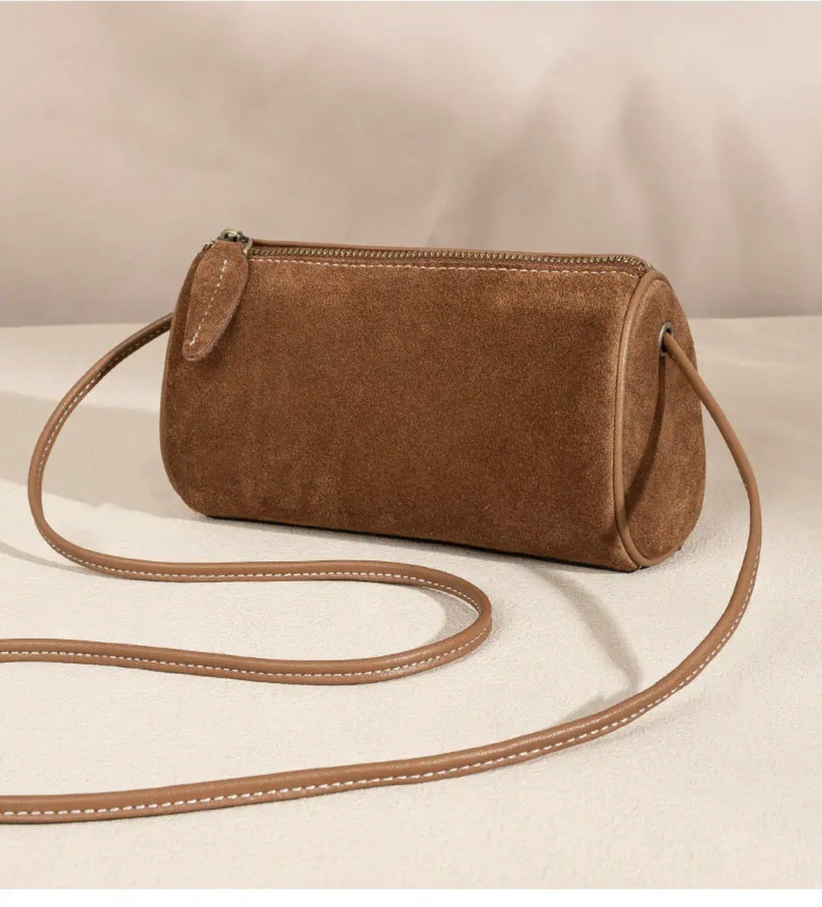 Faux Suede Mini Barrel Crossbody Bag