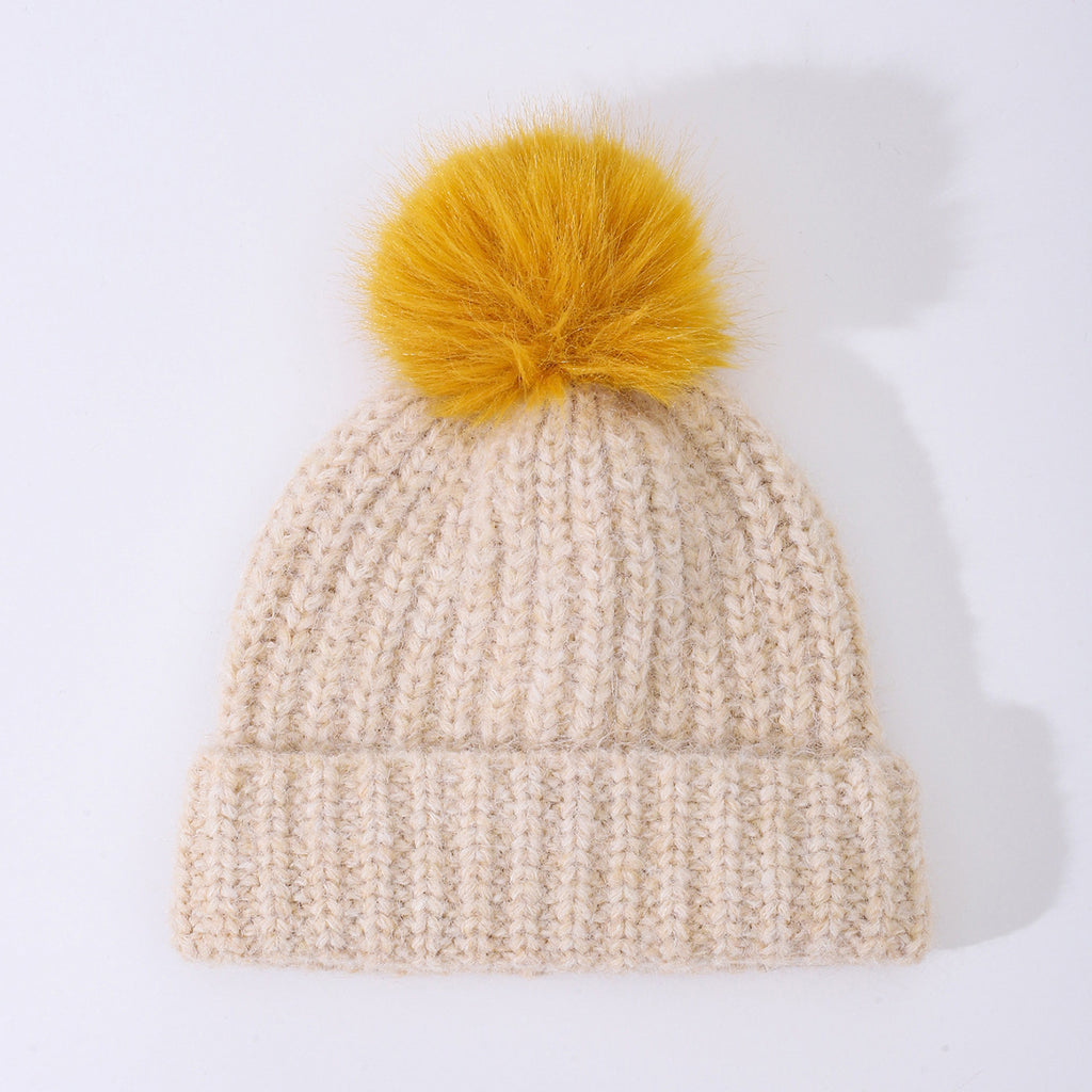 Chunky Rib Knit Pom Pom Beanie with Cuffed Brim - Beige