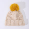 Chunky Rib Knit Pom Pom Beanie with Cuffed Brim - Beige