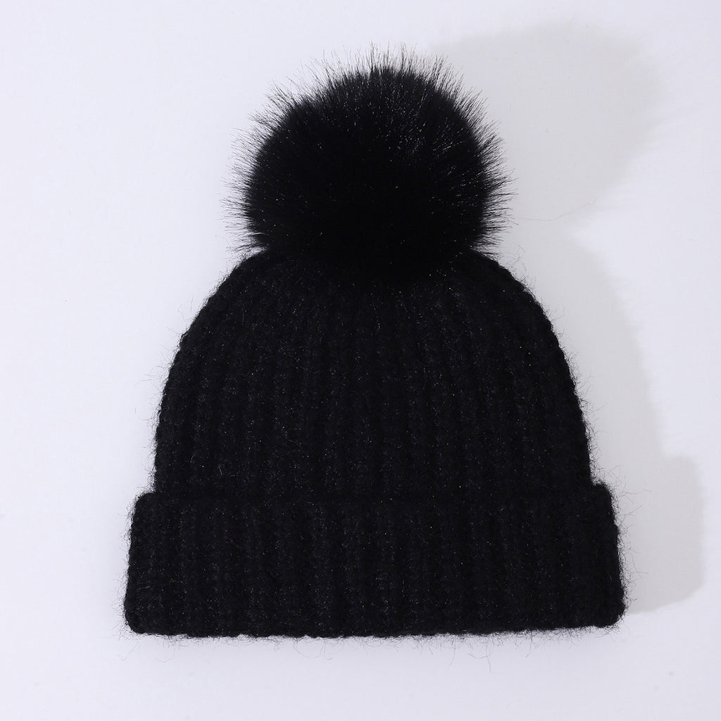 Chunky Rib Knit Pom Pom Beanie with Cuffed Brim - Black