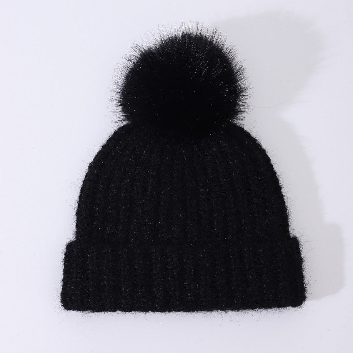 Chunky Rib Knit Pom Pom Beanie with Cuffed Brim - Black