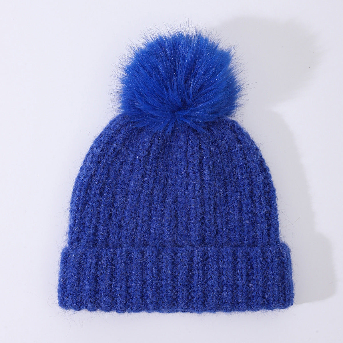Chunky Rib Knit Pom Pom Beanie with Cuffed Brim - Blue