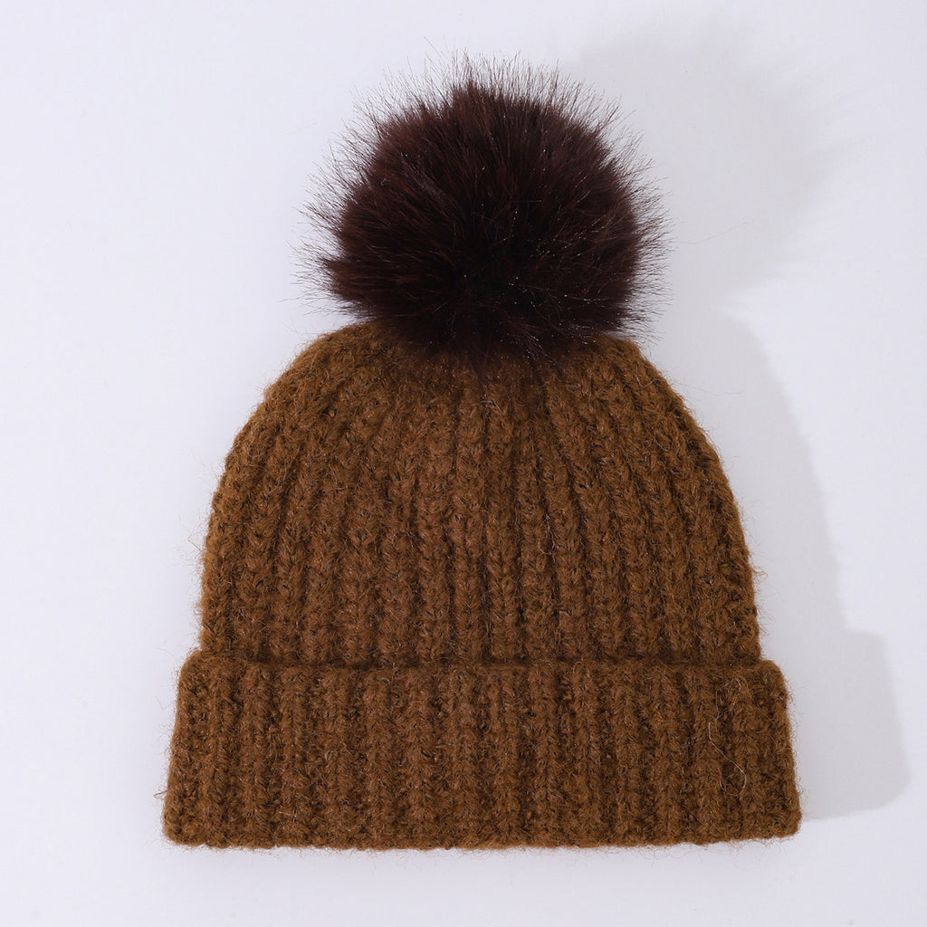 Chunky Rib Knit Pom Pom Beanie with Cuffed Brim - Brown
