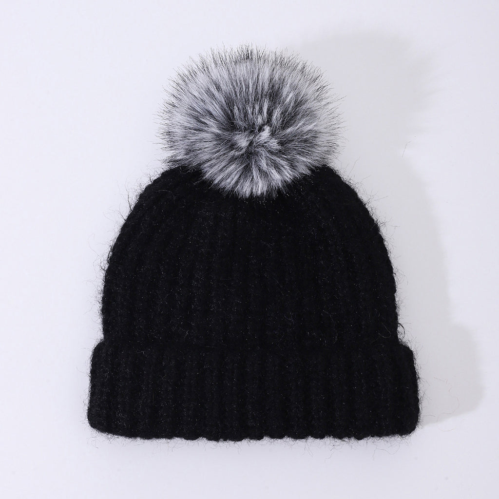 Chunky Rib Knit Pom Pom Beanie with Cuffed Brim - GBlack