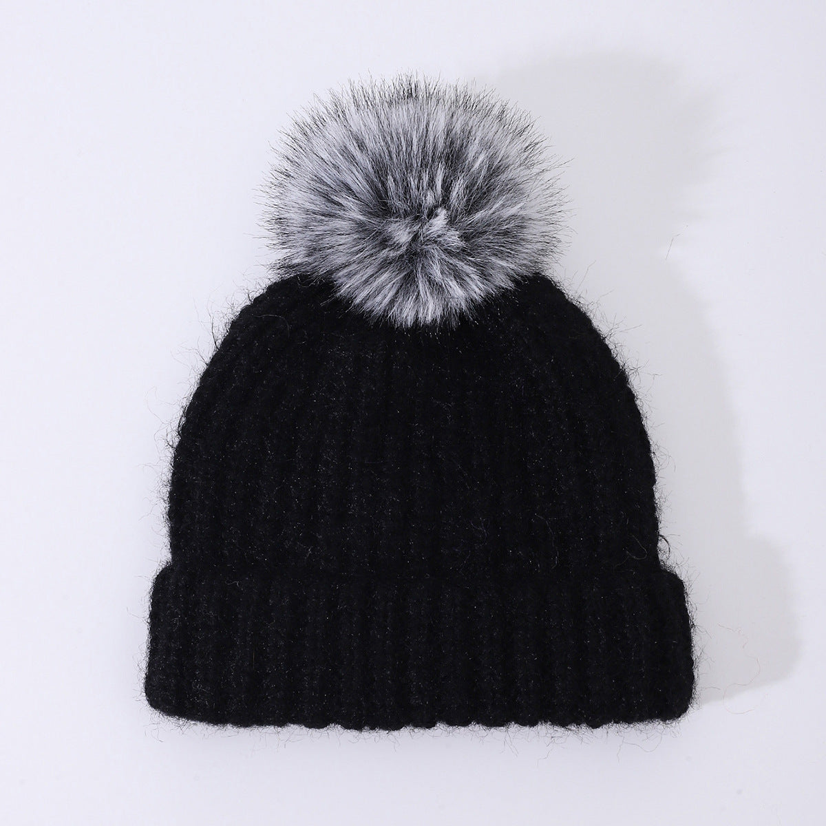 Chunky Rib Knit Pom Pom Beanie with Cuffed Brim - GBlack