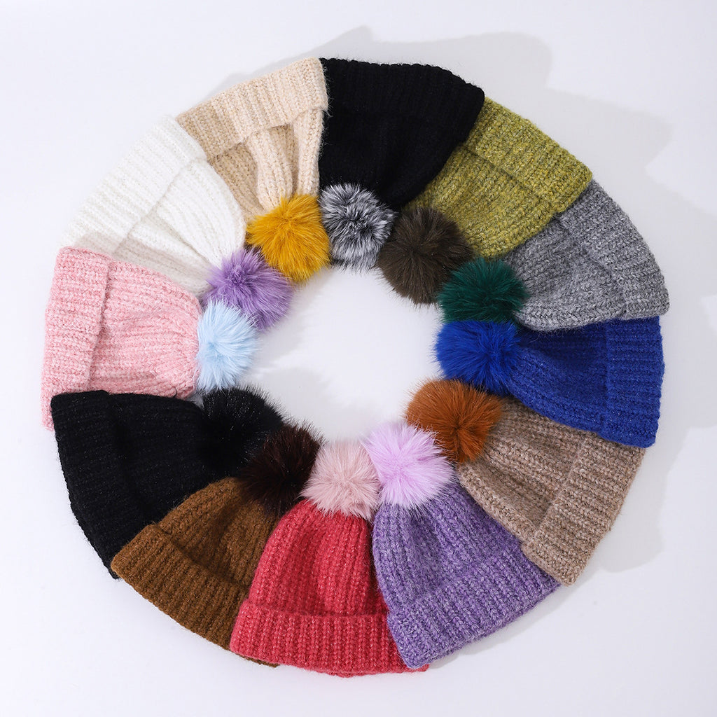Chunky Rib Knit Pom Pom Beanie with Cuffed Brim - GBlack - 2