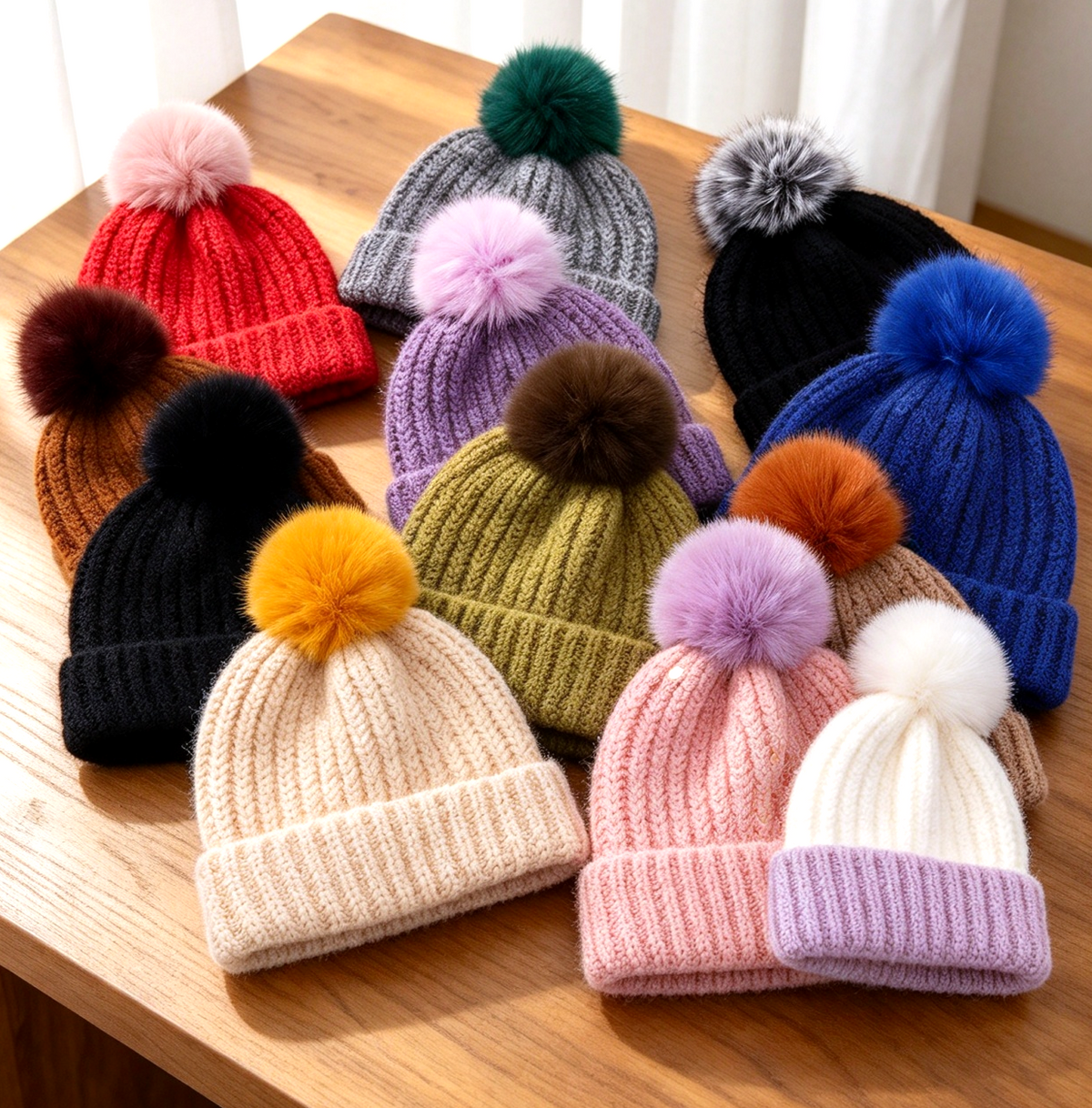 Chunky Rib Knit Pom Pom Beanie with Cuffed Brim - GBlack - 3
