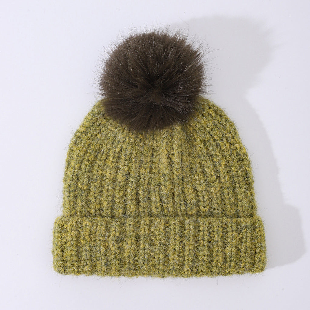 Chunky Rib Knit Pom Pom Beanie with Cuffed Brim - Green