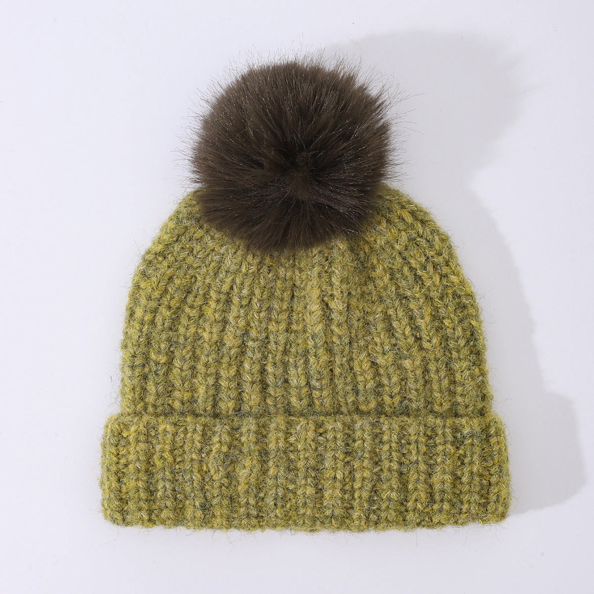 Chunky Rib Knit Pom Pom Beanie with Cuffed Brim - Green