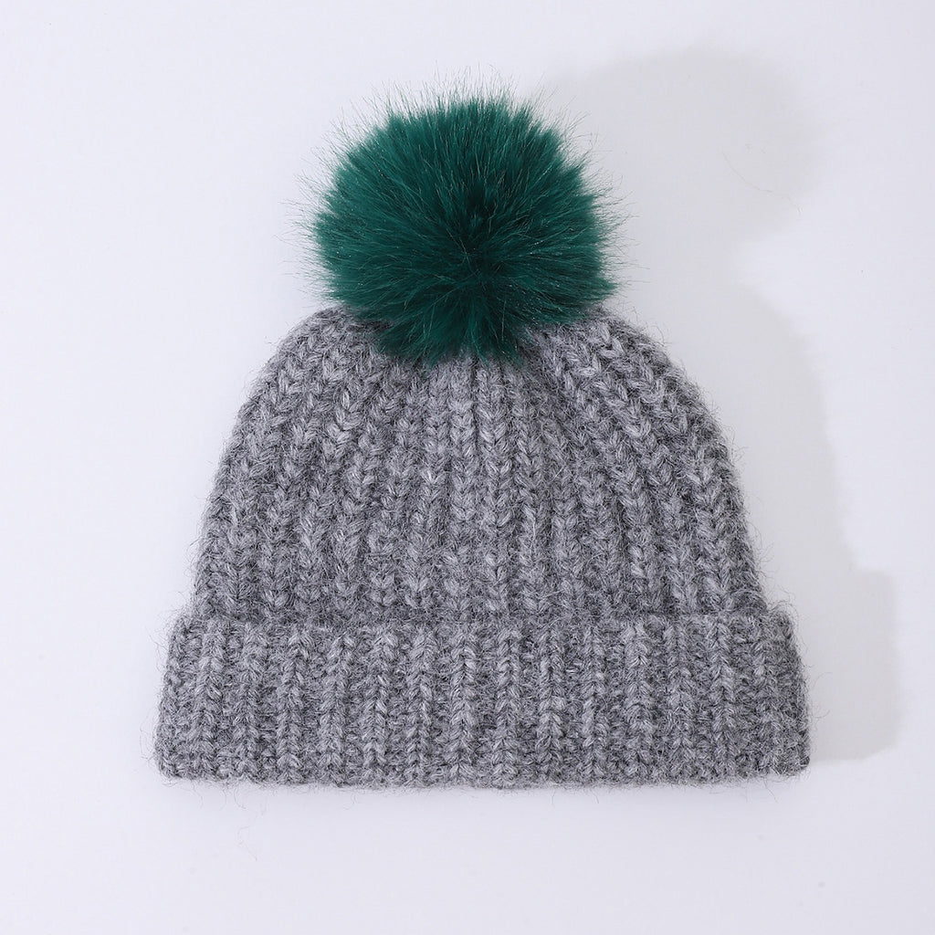 Chunky Rib Knit Pom Pom Beanie with Cuffed Brim - Grey