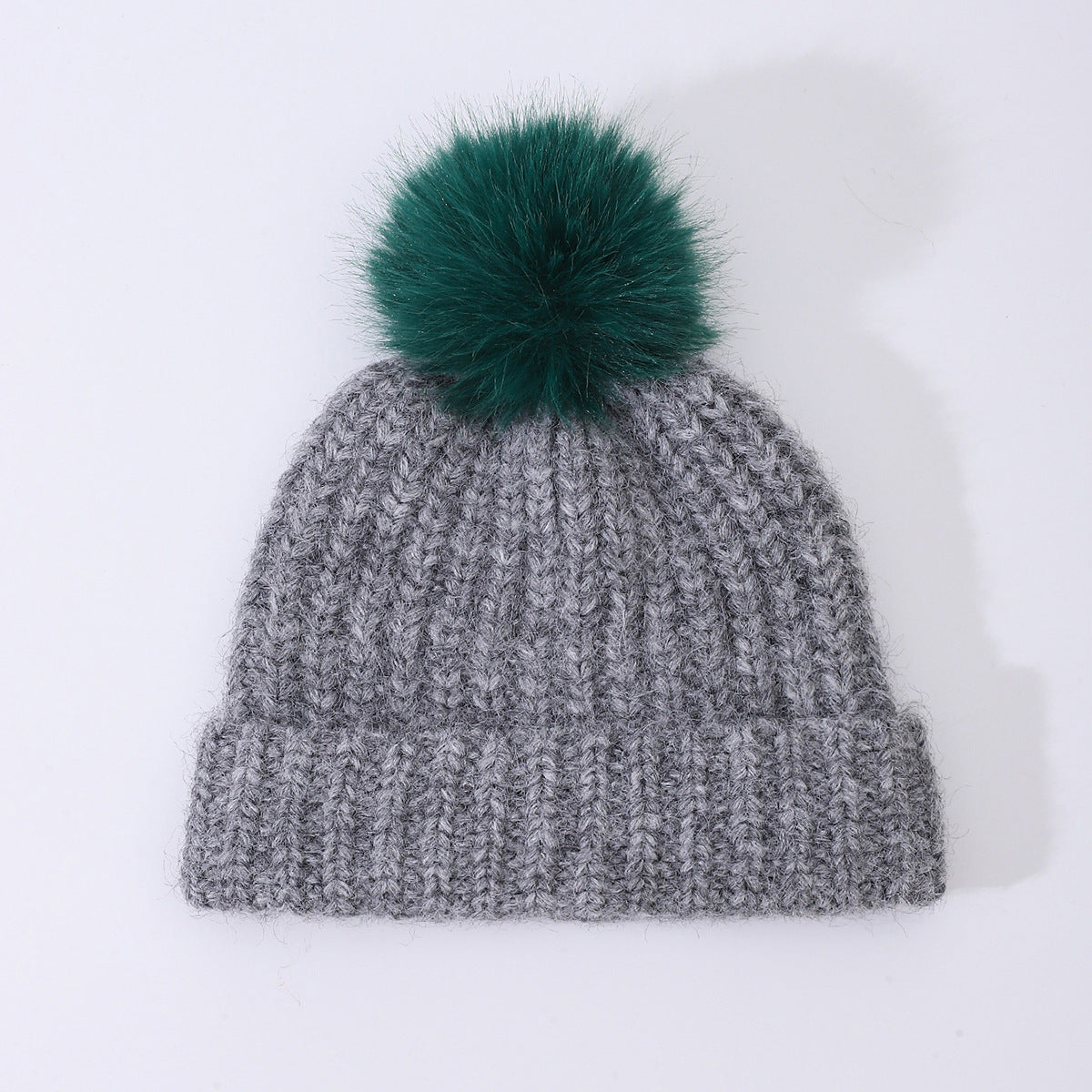 Chunky Rib Knit Pom Pom Beanie with Cuffed Brim - Grey