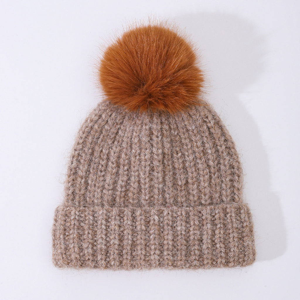 Chunky Rib Knit Pom Pom Beanie with Cuffed Brim - Khaki