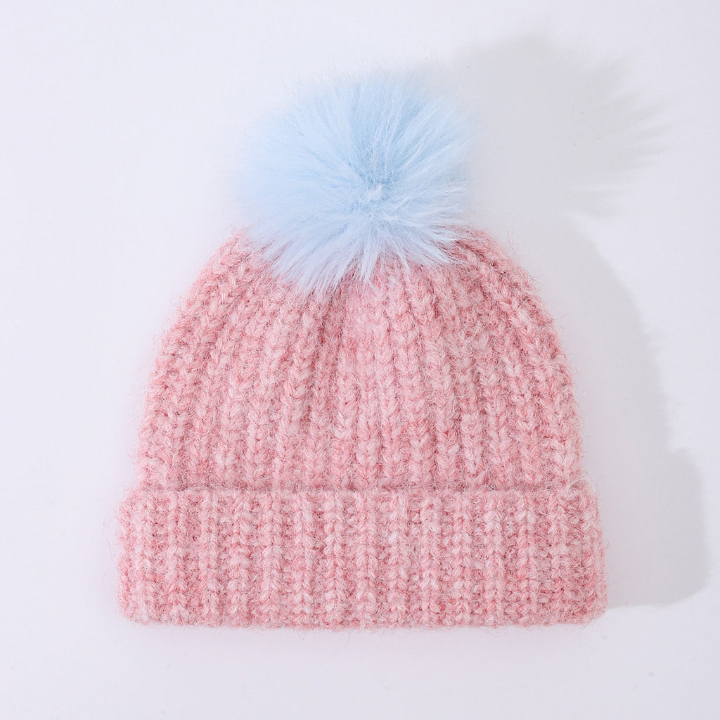 Chunky Rib Knit Pom Pom Beanie with Cuffed Brim - Pink