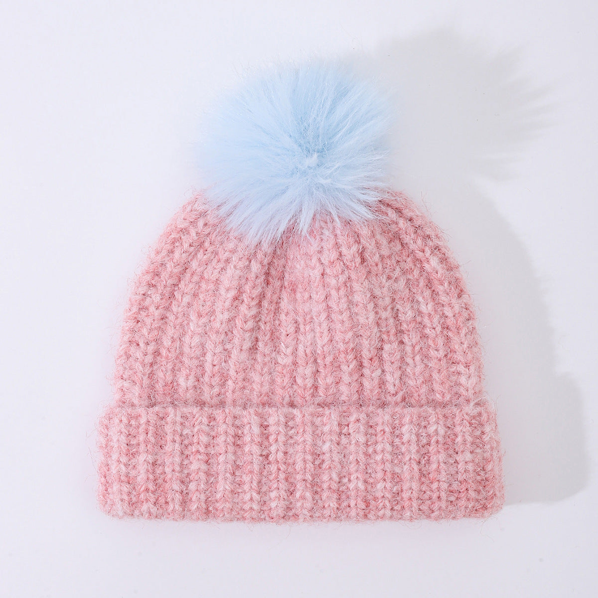 Chunky Rib Knit Pom Pom Beanie with Cuffed Brim - Pink