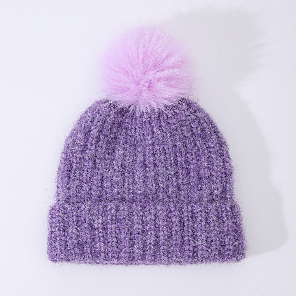 Chunky Rib Knit Pom Pom Beanie with Cuffed Brim - Purple